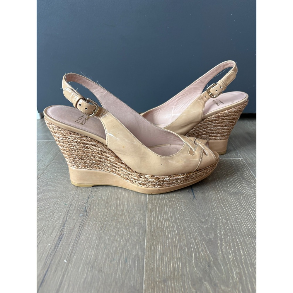 Stuart Weitzman Nude Patent Leather Espadrille Wedge Sandals Peep Toe 8M NW74419